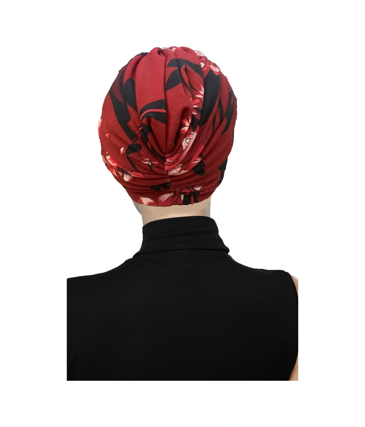 Fidan Desenli Çapraz Penye Bordo Yaprak Motifli Hazır Türban Tesettür Havuz Bonesi Bordo-yaprak