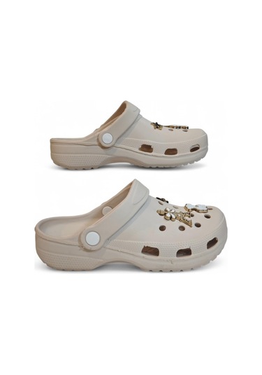Fiyra 3009 Krem Crks Taşlı Havuz Plaj Günlük Bayan Terlik Krem Beyaz