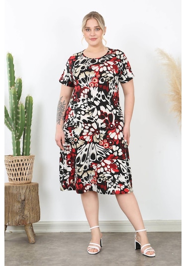 Kadın Kırmızı Bej Kanat Desen Midi Elbise Kırmızı