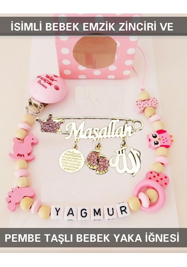 Sahi Aksesuar İsimli Bebek Emzik Zinciri ve Pembe Taşlı Bebek Yaka İğnesi Pembe