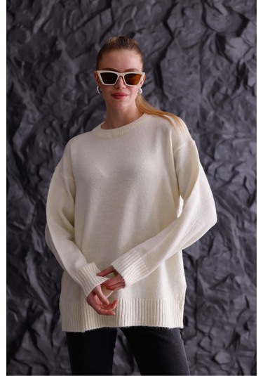 Bisiklet Yaka Oversize Basic Triko Kazak Bej