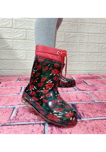 Çağrı Kırmızı Çiçekli Siyah İçi Yünlü Kız Çocuk Konçlu Yağmur Çizmesi 001