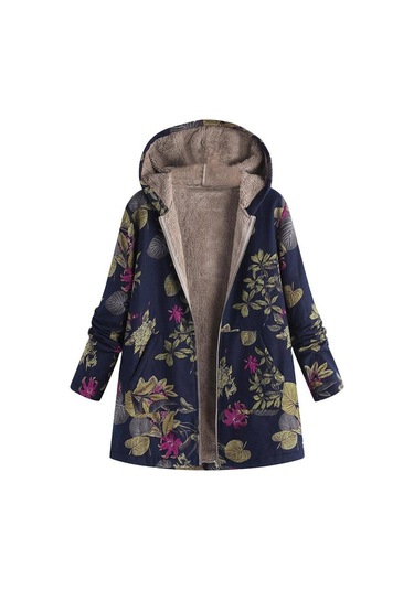 Yeni Kadın Yaprak Baskılı Kapşonlu Uzun Kollu Retro Ceket Sıcak Lacivert