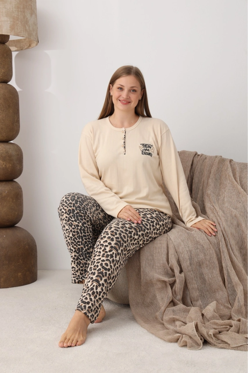 İnterlok Pamuk Battal Büyük Beden Kadın Pijama Takımı Leopar Desen Sarı