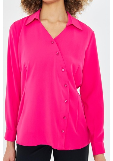 Asimetrik Pile Detay Gömlek Fuşya Fuşya