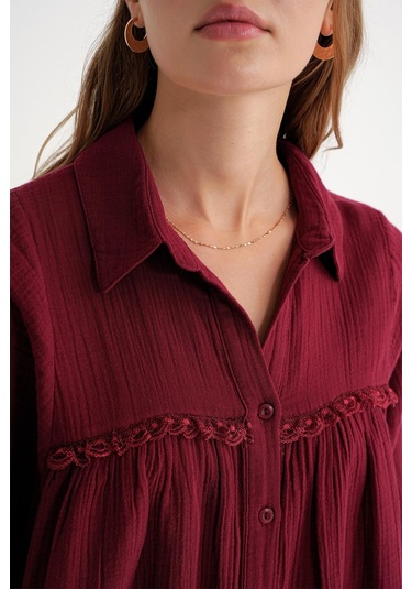 4677 Kadın Dantel Detaylı Müslin Gömlek Bordo Bordo