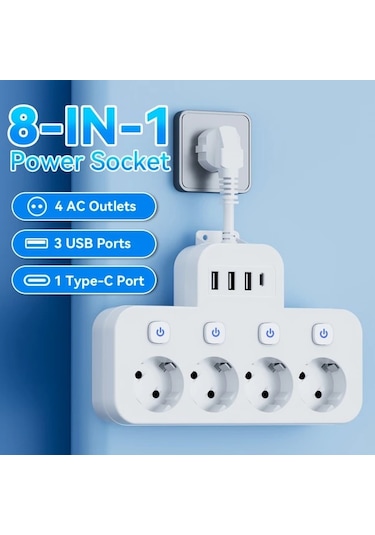 Xuweiwei Siyah Kısa Kablo 1.5m 3m Seçenekleri Avrupa Güç Prizi 4 Ac Çıkış 3 Usb 1 Type-c Portu Aşırı Yük Koruması Duvar Montajı Seyahat Ev Kullanımı