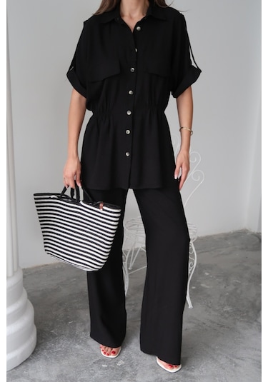 Keten Belden Büzgü Detaylı Gömlek - Pantolon Takım - Siyah Siyah