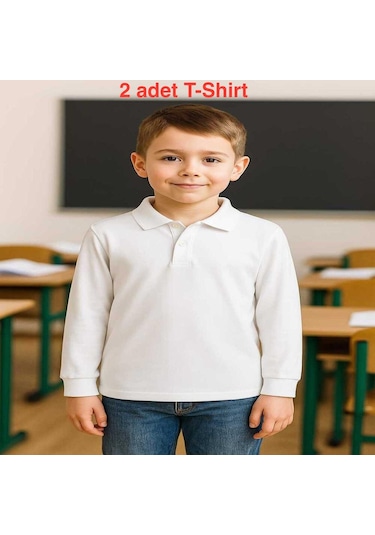 2 Adet Unisex Çocuk Uzun Kol Polo Yaka Beyaz Okul T-shirt Beyaz