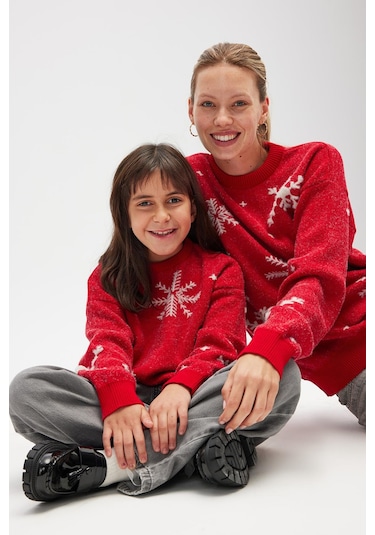 Peraluna Snowflake Kartanesi Desenli Unisex Yılbaşı Kazağı - Kırmızı Kırmızı