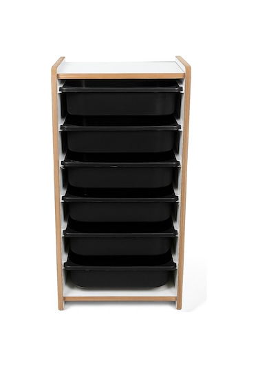 Beyaz Mdf Montessori Oyuncak Dolabı 6 Siyah Plastik Çekmeceli Siyah