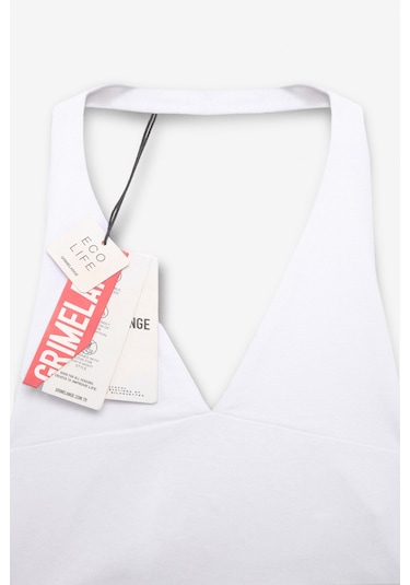 Grimelange MORIENNE Kadın Halter Yaka Kalın Askılı Sırtı Açık Crop Beyaz Bluz