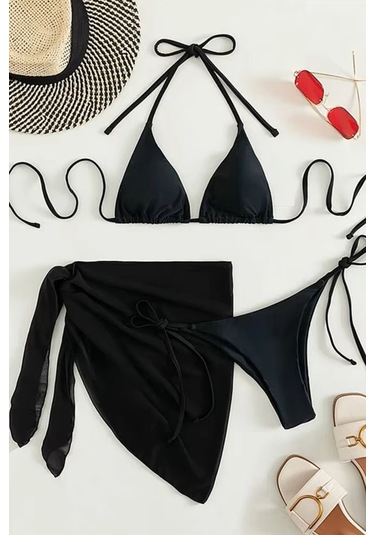 Angelsin Pareolu Bağlamalı 3'lü Bikini Takım Set Çıkartılabilir Kaplı Siyah