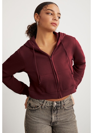 GRIMELANGE Delıa Kadın Crop İçi Polarlı Fermuarlı Organik Pamuklu Kapüsonlu Kordonlu Bordo Sweatshirt Bordo