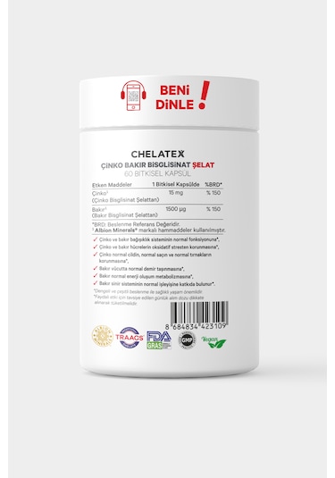 Chelatex Çinko Bakır Bisglisinat Şelat 60 Bitkisel Tablet