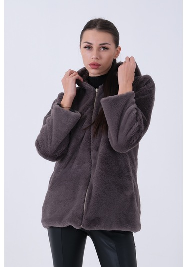 Feminist Gri Fermuarlı Oversize Kapüşonlu Çift Cepli Peluş Mont 0108078.06 Gri