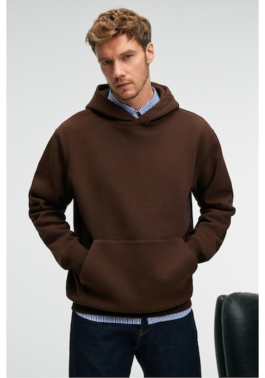 AMOS Erkek Yumuşak Kumaşlı 3 İplik Oversize Kapüşonlu Kanguru Cepli Acı Kahve Sweatshirt