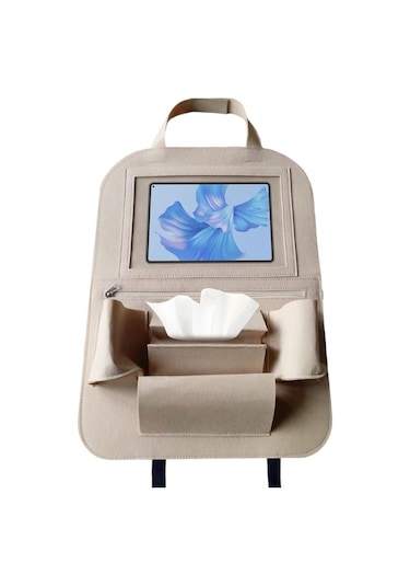 Glanz Araç Koltuk Arkası Organizer Bej Oto Tablet Telefon Tutucu Araba İçi Düzenleyici