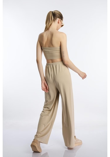 Quhox Kadın Allegro Kumaş Askısız Crop Top Vizon