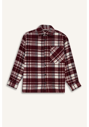 Defacto Erkek Çocuk Oversize Geniş Kalıp Polo Yaka Kareli Uzun Kollu Gömlek F1435a825aubr169 Bordo