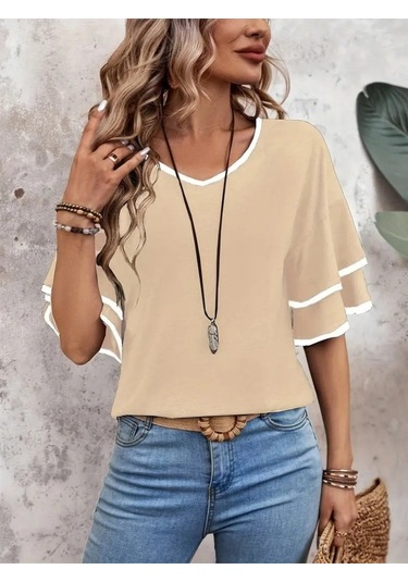 Modaserdem Kadın Kısa Kollu V Yakalı Viskon Bluz Bej