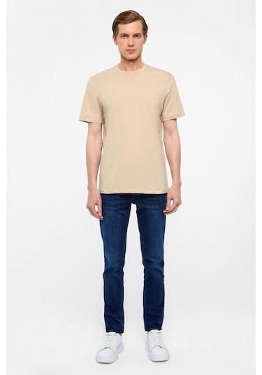 Bej Regular Düz Bisiklet Yaka Tişört-38576 Bej