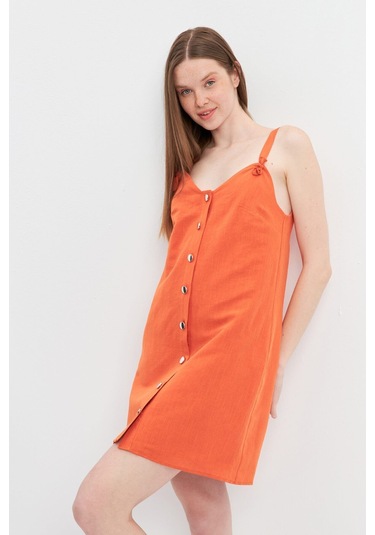 Stella Pulvis Turuncu Askılı Keten Mini Elbise Turuncu