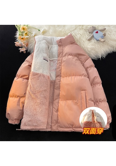2025 Yeni Çift Taraflı Bol Kesim Kuzu Yünü Pamuklu Dolgulu Ceket, Unisex Çift Pamuklu Dolgulu Mont Pembe