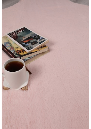 Dekoratif Tavşan Tüyü Ultra Yumuşak Peluş Yuvarlak Halı Pembe