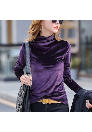 Askeri Yeşil Kış Sıcak Balıkçı Yaka Uzun Kollu Kadife Gömlek Yüksek Yaka İnce Zarif Lüks Kadife Bluz Bahar Üstleri Haki