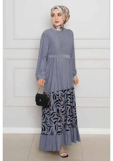 Eteği Desenli Karin Elbise-gri-4273-gri Gri