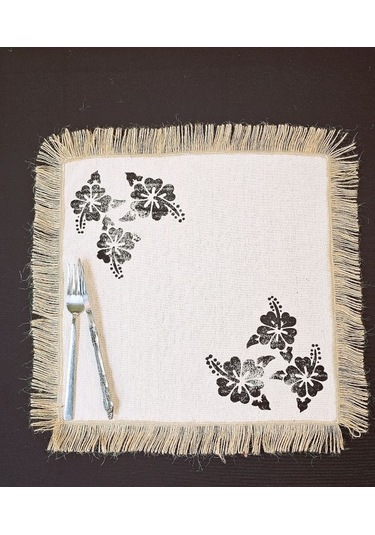 %100 Pamuklu Ham Keten Hasır Püsküllü Çiçek Taş Baskı 6' Lı Amerikan Servisi Supla Kare 42 Cm Naturel