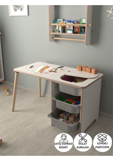 Çocuk Oyun Ve Aktivite Masası - Gri Sepetli Beyaz-gri