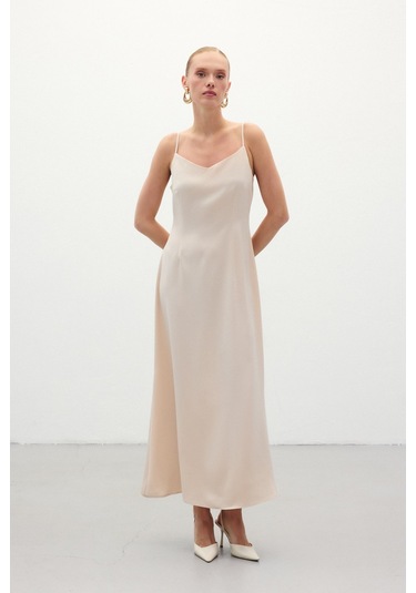 Askılı Uzun Saten Elbise - Bej-136325 Bej