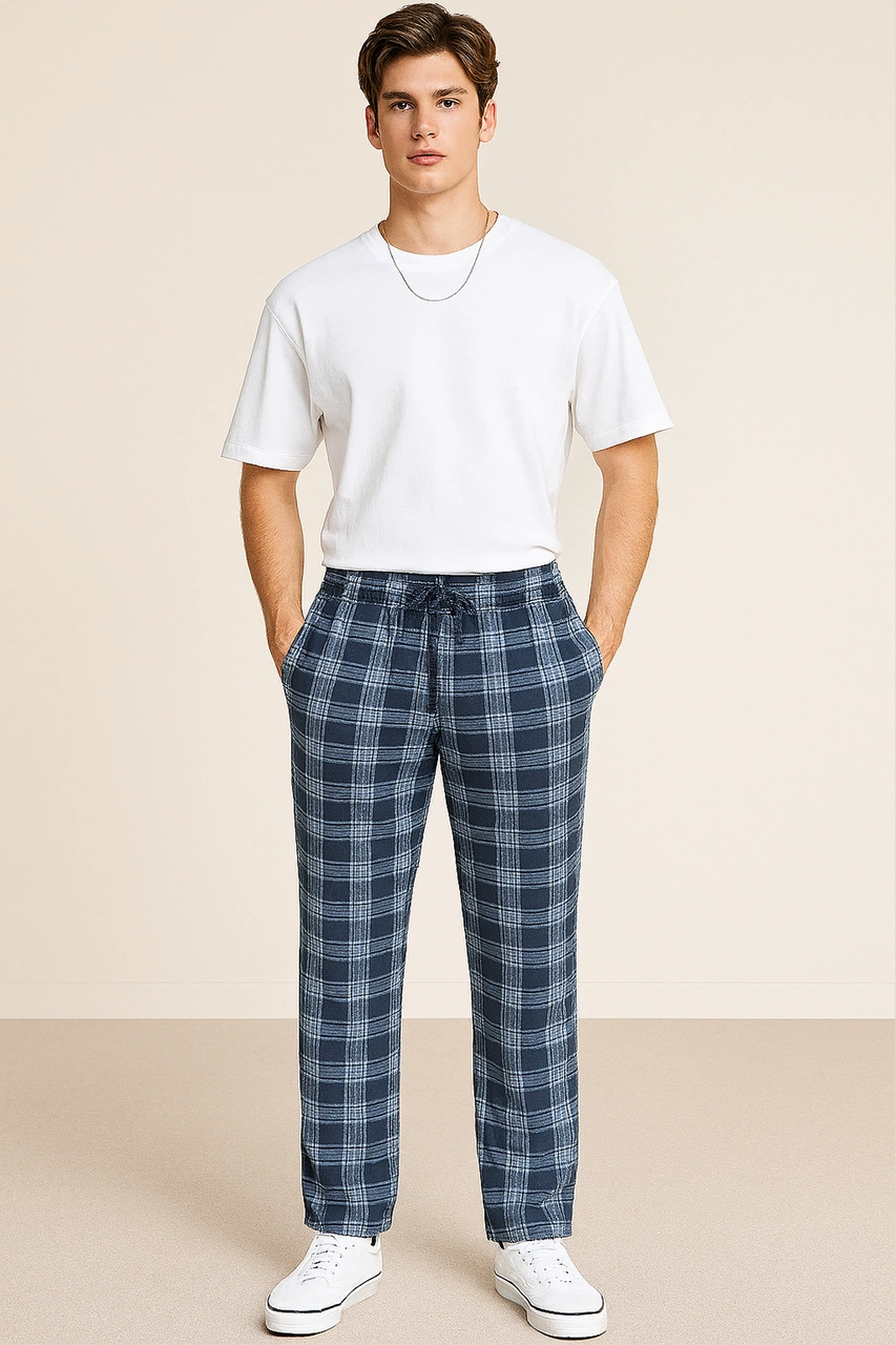 Erkek %100 Pamuk Cepli Ekose Pijama Altı Lacivert Lacivert Ekose