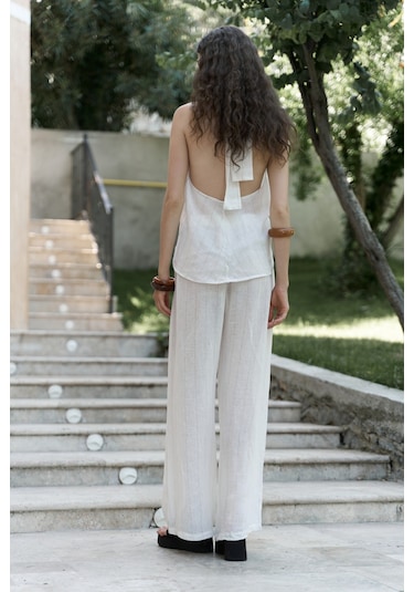 Cadhas Boyundan Bağlamalı Ekru Crop Pantolon Takım Ekru