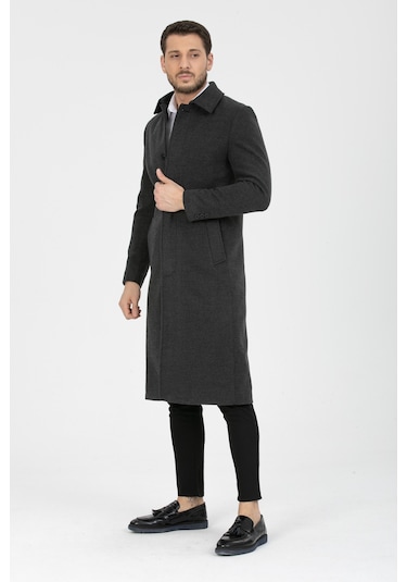 Erkek Antrasit Dar Kesim Uzun Kaşe Gömlek Yaka Palto & Kaban Antrasit