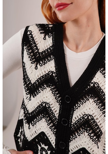 Modasize Zikzak Geçişli Triko Örme Siyah Yelek Siyah