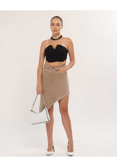 Shevega Kadın Krem Etek Püskül Asimetrik Kesim Keten Etek Krem