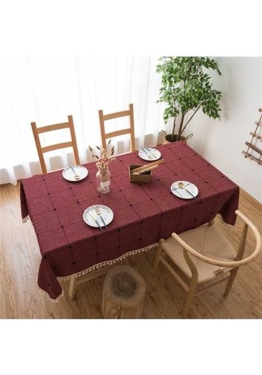 Fastbuy Kare Kafes İşlemeli Masa Örtüsü Saf Renk Pamuk Keten Püskül Dikdörtgen Sehpa Mat 90x90cm Kırmızı Kırmızı