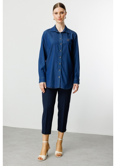 Ekol Kadın Büyük Beden Kelebek İşlemeli Gömlek 3502 Indigo İndigo