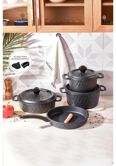 Karaca  Biodiamond Döküm 7 Parça Fırın Eldiveni Hediyeli Tencere Seti