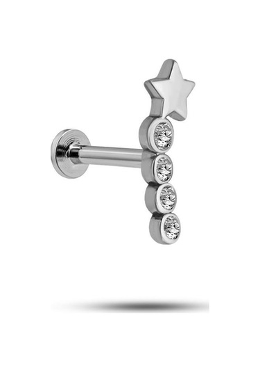 925 Ayar Gümüş Rodyumlu Minimal Kayan Yıldız Dört Taşlı Tragus Piercing Küpe Gümüş