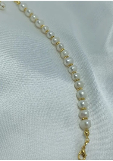 24k Altın Kaplama Gerçek İnci Ara Detaylı Tasarım Bileklik Beyaz Gold