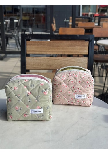 Batekso 2'li Pembe Ve Yeşil Çiçek Desenli Makyaj Çantası  Küçük Boy