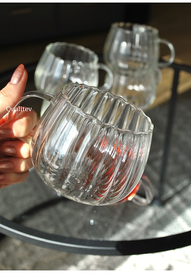 300 Ml Kulplu Çizgili Tombul Modern Cam Bardak-1 Adet