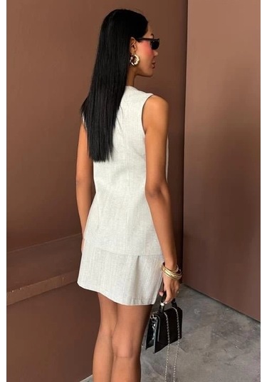 Uzun Yelek Mini Etek Flamlı Keten Takım 10148 Açik Gri