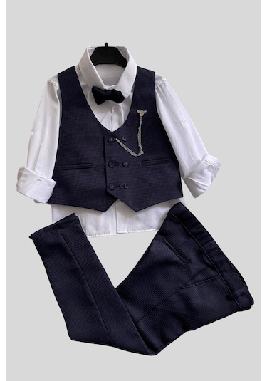 Matrix Yelekli Zincirli Erkek Çocuk Takım Elbise Lacivert Lacivert