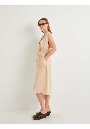 Koton Midi Gömlek Elbise Beli Kuşaklı Düğmeli Cepli Apoletli Bej 4sak80001pw Ekru