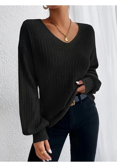 Kadın Uzun Kollu V Yakalı Salaş Şardonlu Kaşkorse Bluz Siyah
